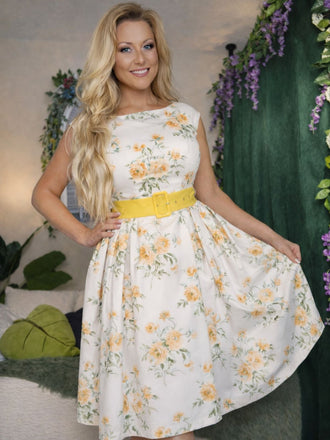 Gelb 1950er Bootskragen Antiquität Blumen Kleid