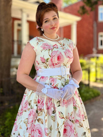 Rosa 1950er Bootskragen Antiquität Blumen Kleid