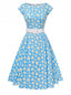 Blau 1950er Bootskragen Antiquität Blumen Kleid