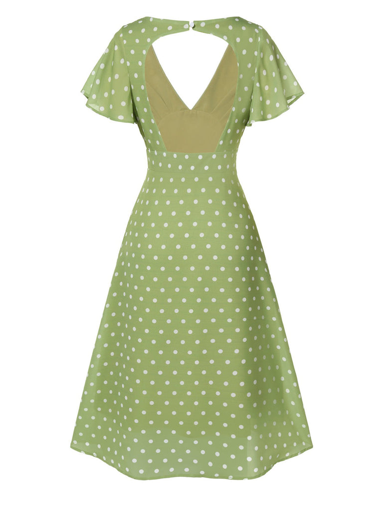 Grün 1940er Rücken-Hohl Polka Dots Kleid