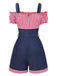 1950er Schulterfrei Plaids Kontrast Denim Romper