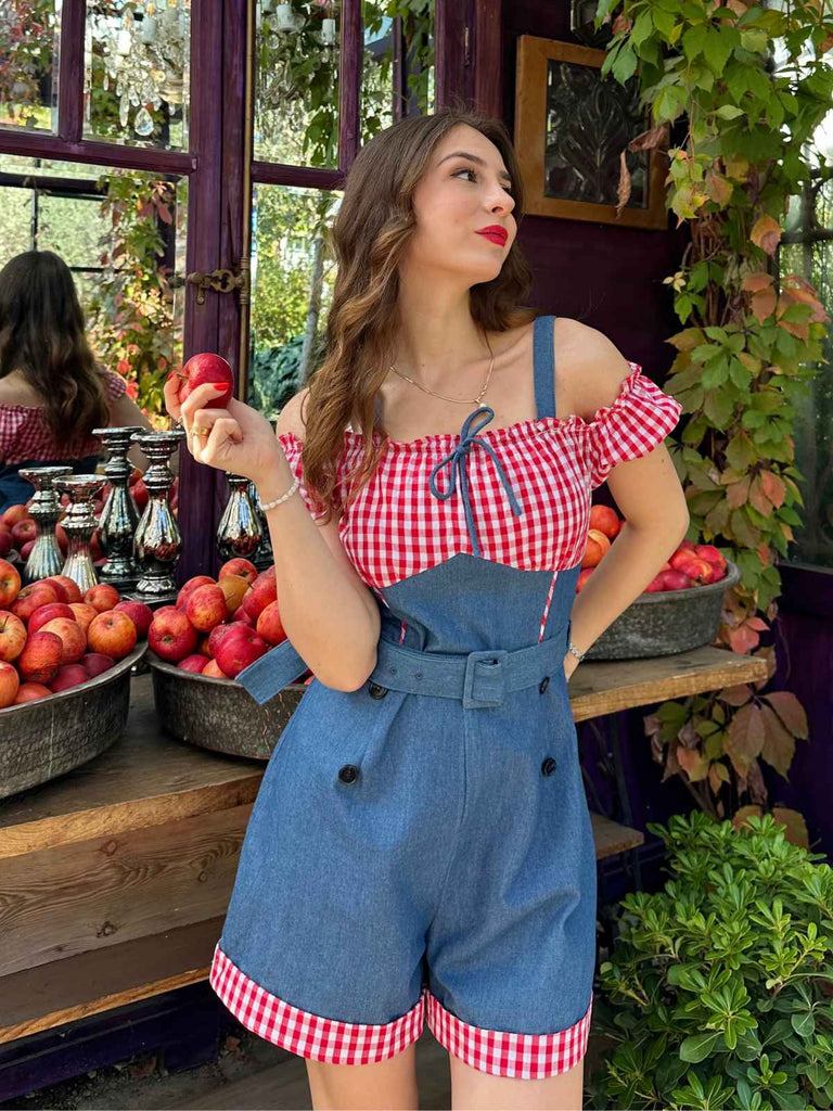 1950er Schulterfrei Plaids Kontrast Denim Romper