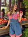 1950er Schulterfrei Plaids Kontrast Denim Romper