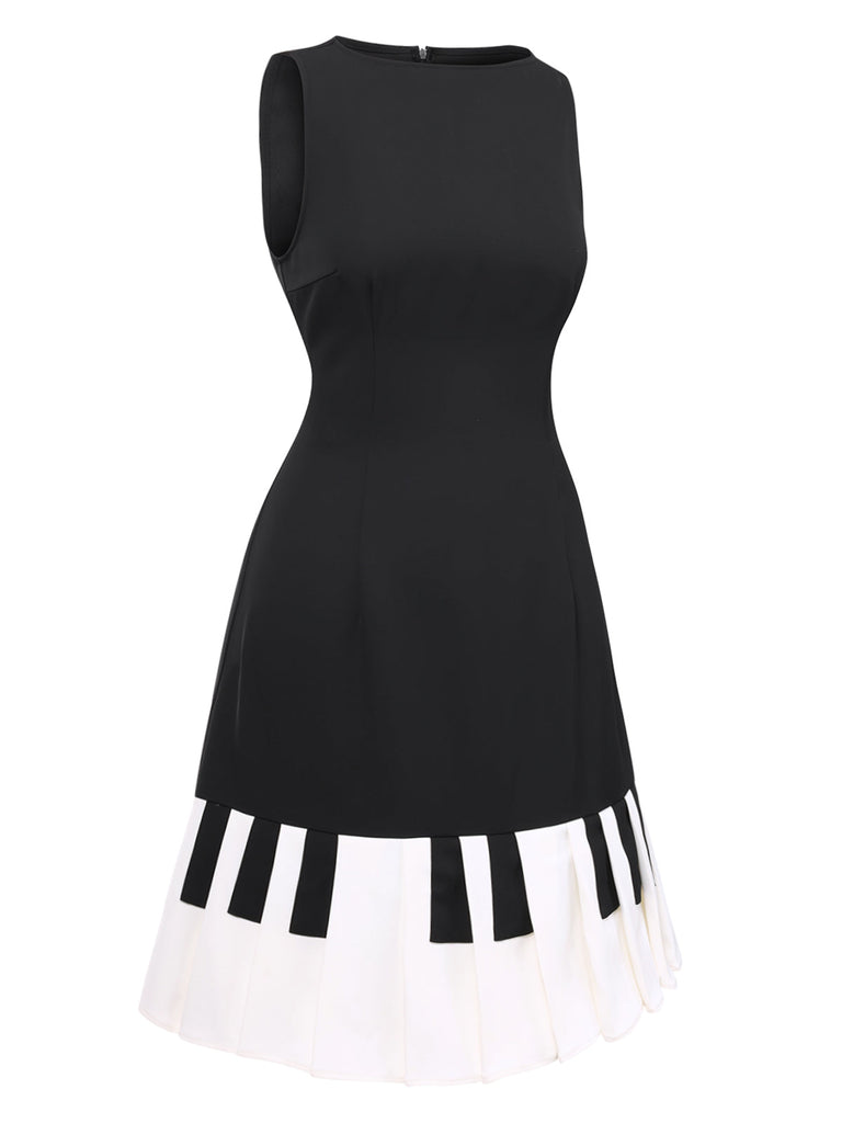 [Vorverkauf] Schwarz 1960er Boot Ausschnitt Klaviertaste Kleid