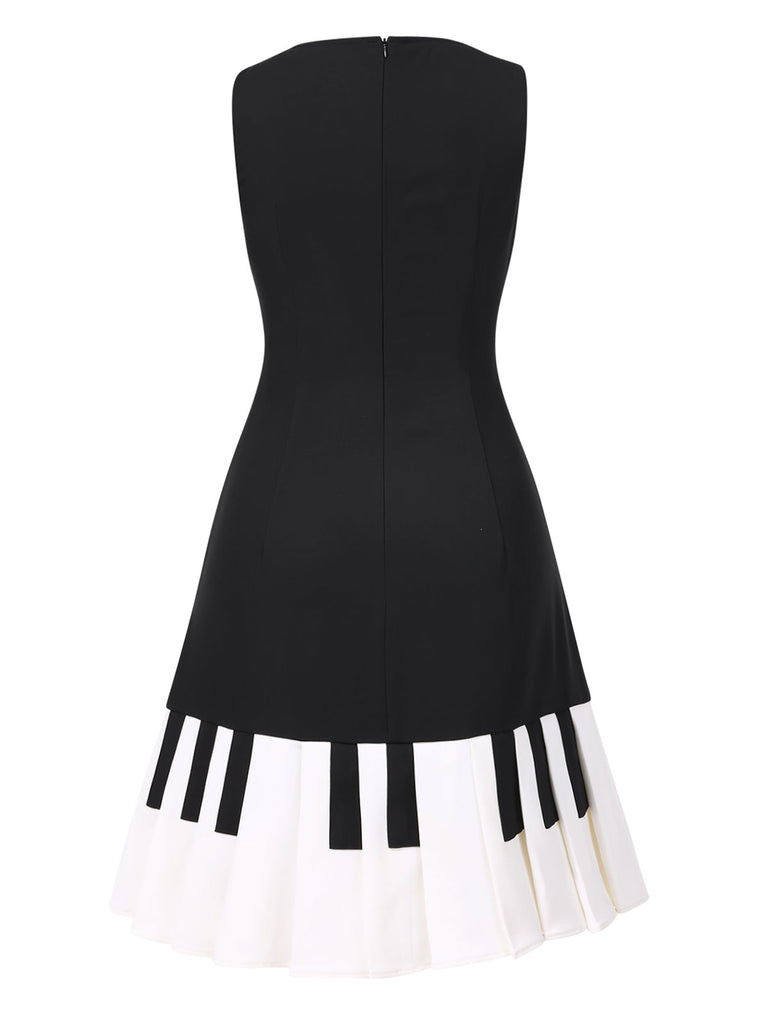 [Vorverkauf] Schwarz 1960er Boot Ausschnitt Klaviertaste Kleid
