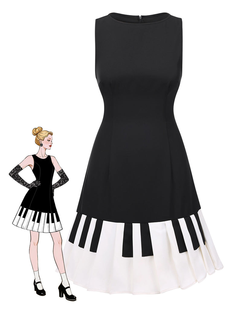[Vorverkauf] Schwarz 1960er Boot Ausschnitt Klaviertaste Kleid