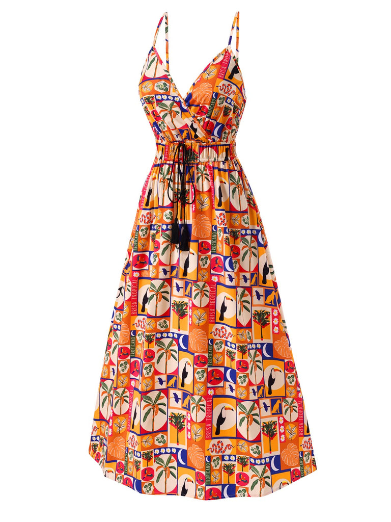 [Vorverkauf] Mehrfarbig 1970er Bohemien Tropisch Blumen Kleid