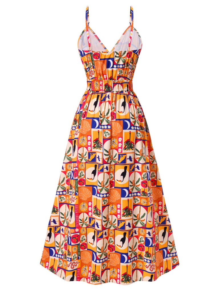 [Vorverkauf] Mehrfarbig 1970er Bohemien Tropisch Blumen Kleid