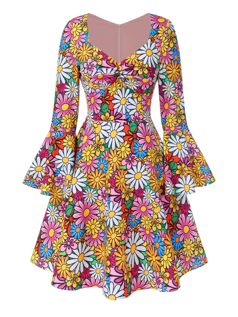 [Vorverkauf] 1960er Ausgestellte Ärmel Bunt Kleine Blumen Kleid