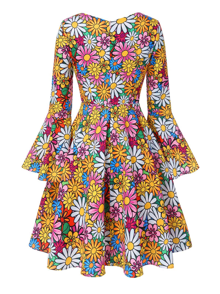 [Vorverkauf] 1960er Ausgestellte Ärmel Bunt Kleine Blumen Kleid