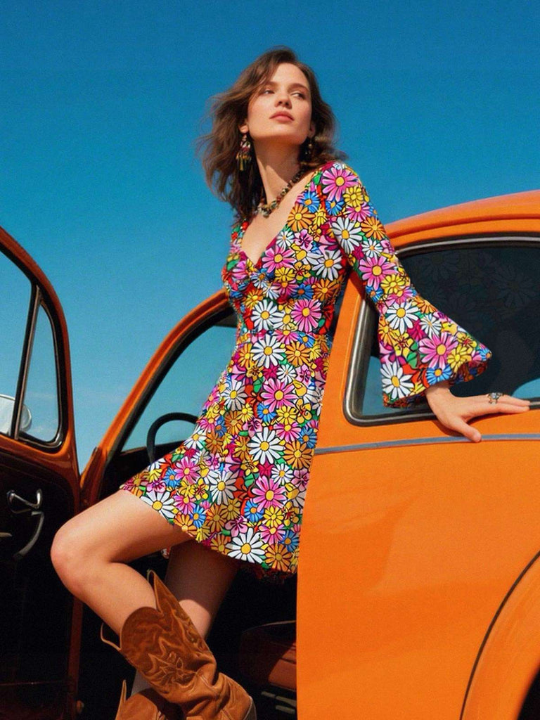 [Vorverkauf] 1960er Ausgestellte Ärmel Bunt Kleine Blumen Kleid