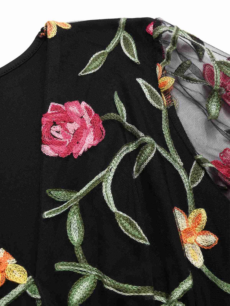 Schwarz 1970er V-Ausschnitt Bestickt Blumen Bodysuit