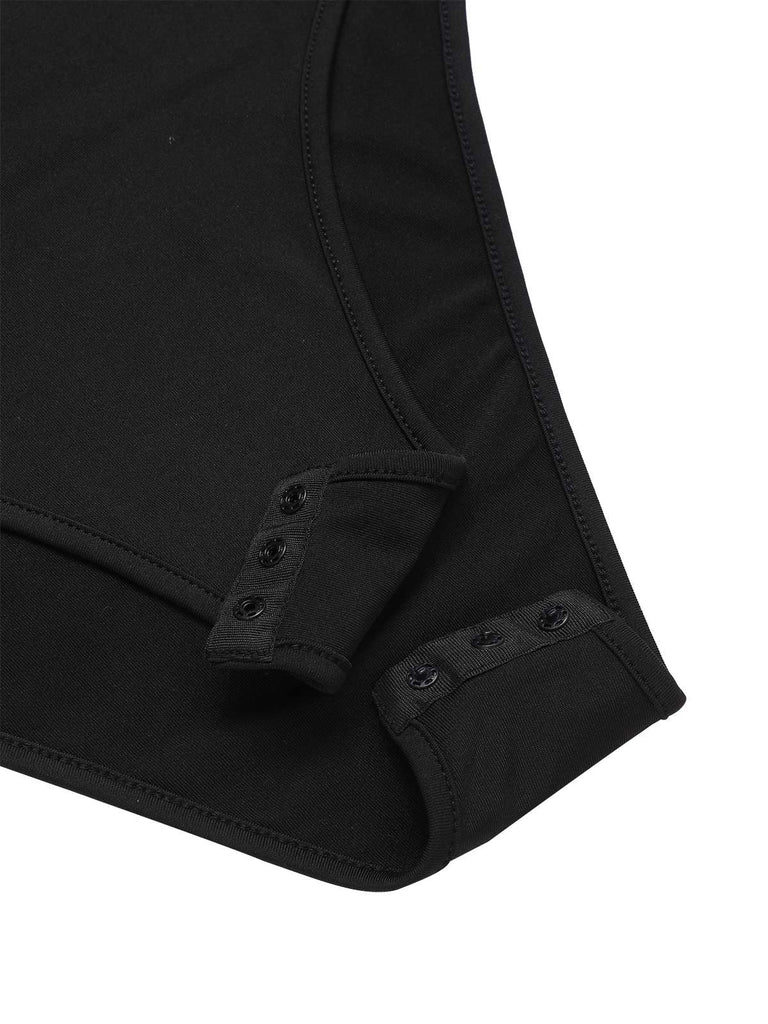 Schwarz 1970er V-Ausschnitt Bestickt Blumen Bodysuit