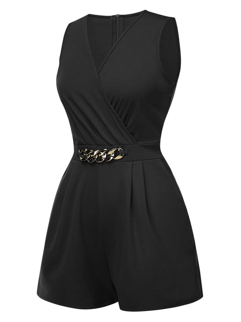 Solide 1960er Chorhemd V-Ausschnitt Ärmellos Kette Romper