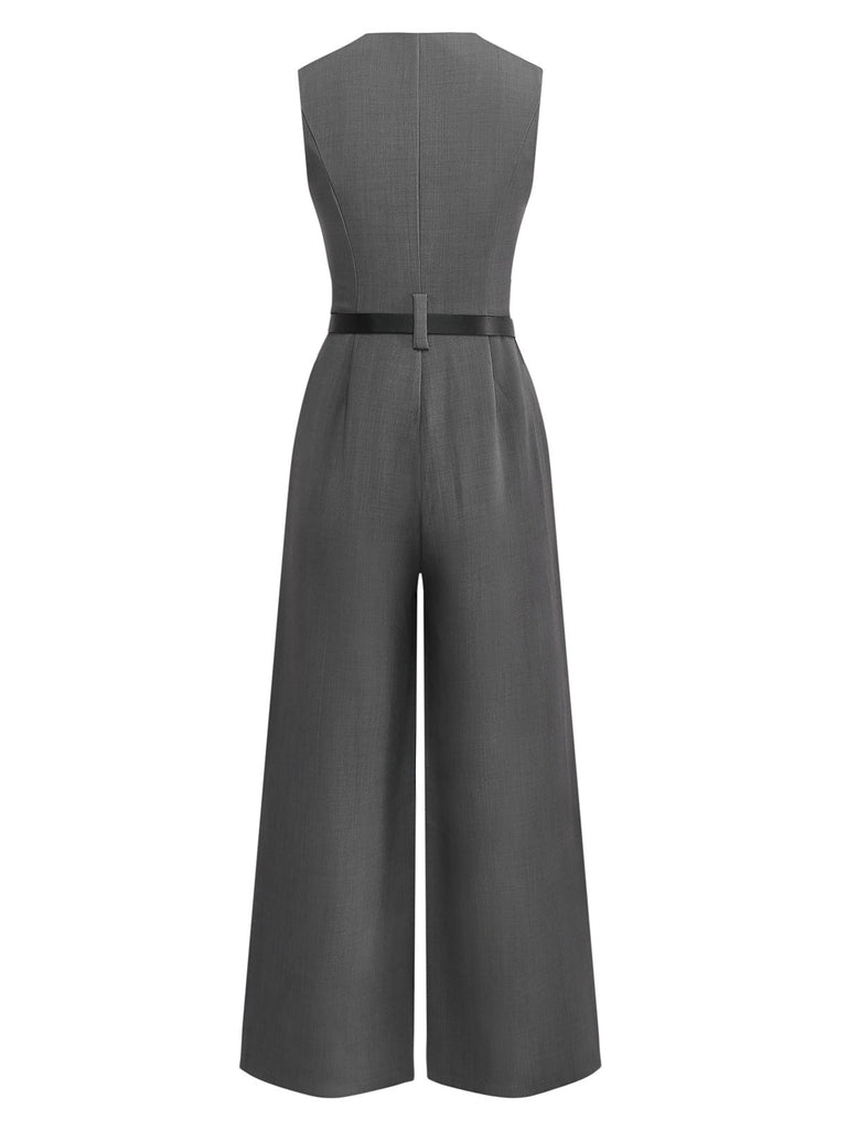 Grau 1930er Solide Ärmellos Büro Gürtel Jumpsuit