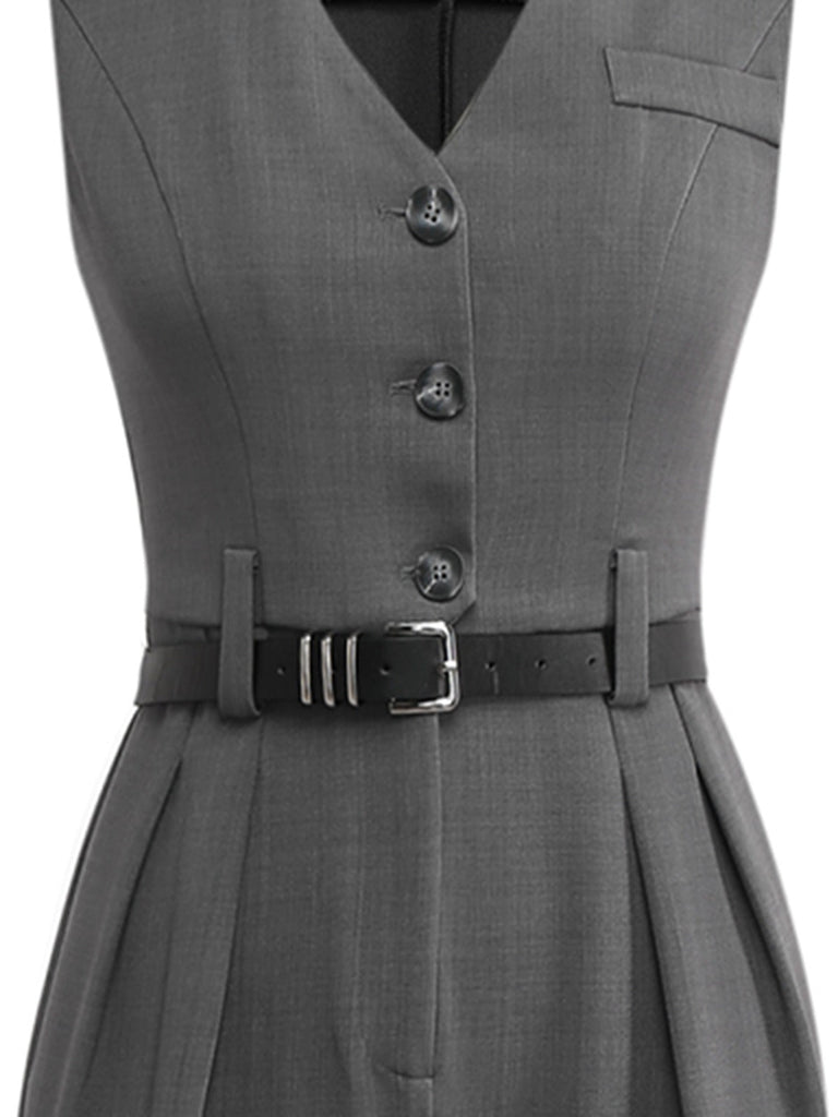 Grau 1930er Solide Ärmellos Büro Gürtel Jumpsuit