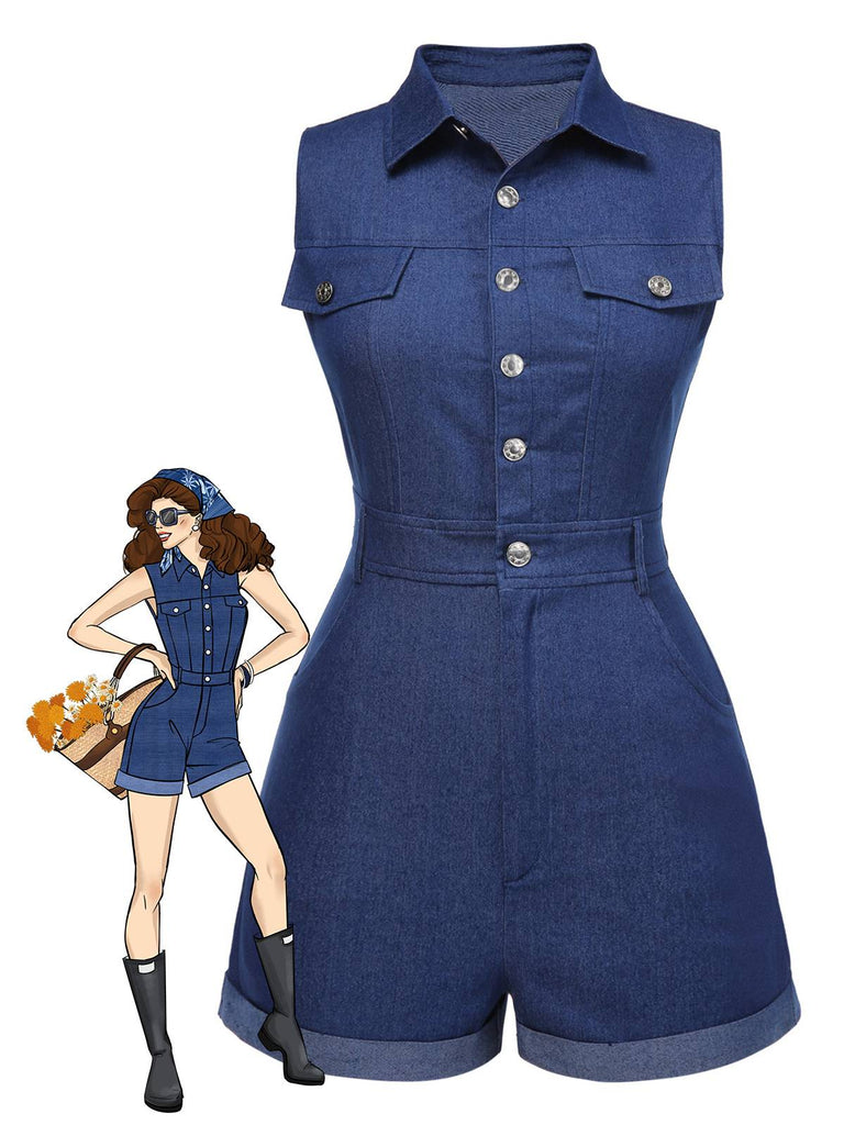 Braun 1970er Solide Ärmellos Denim Romper