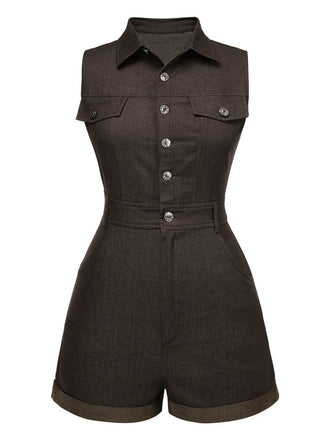 Braun 1970er Solide Ärmellos Denim Romper