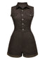 Braun 1970er Solide Ärmellos Denim Romper