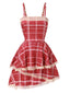 Rot 1960er Unregelmäßiger Lagensaum Plaid Träger Kleid