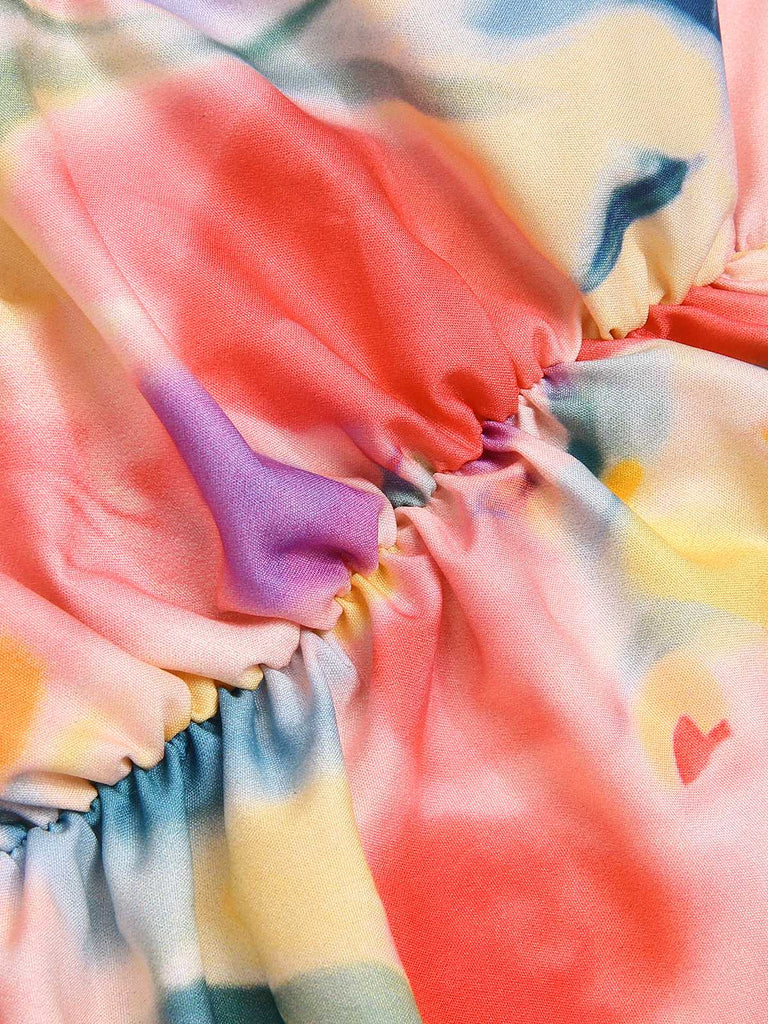 1970er Träger Aquarell Blumen Gerüschtes Stufen Kleid