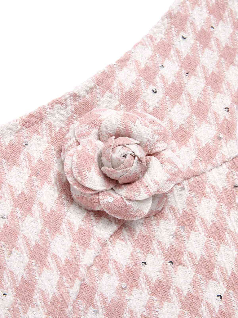 2PCS Rosa 1930er Hahnentritt Halter Crop Top & Hosen