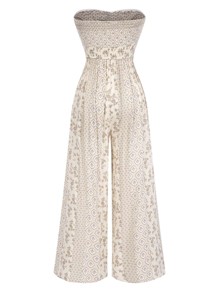 Beige 1970er Bandeau Bogen Blumen Bohemian Jumpsuit