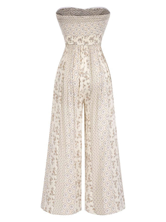 Beige 1970er Bandeau Bogen Blumen Bohemian Jumpsuit