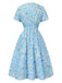 Himmelblau 1950er Blumen V-Ausschnitt Gesmokt Kleid