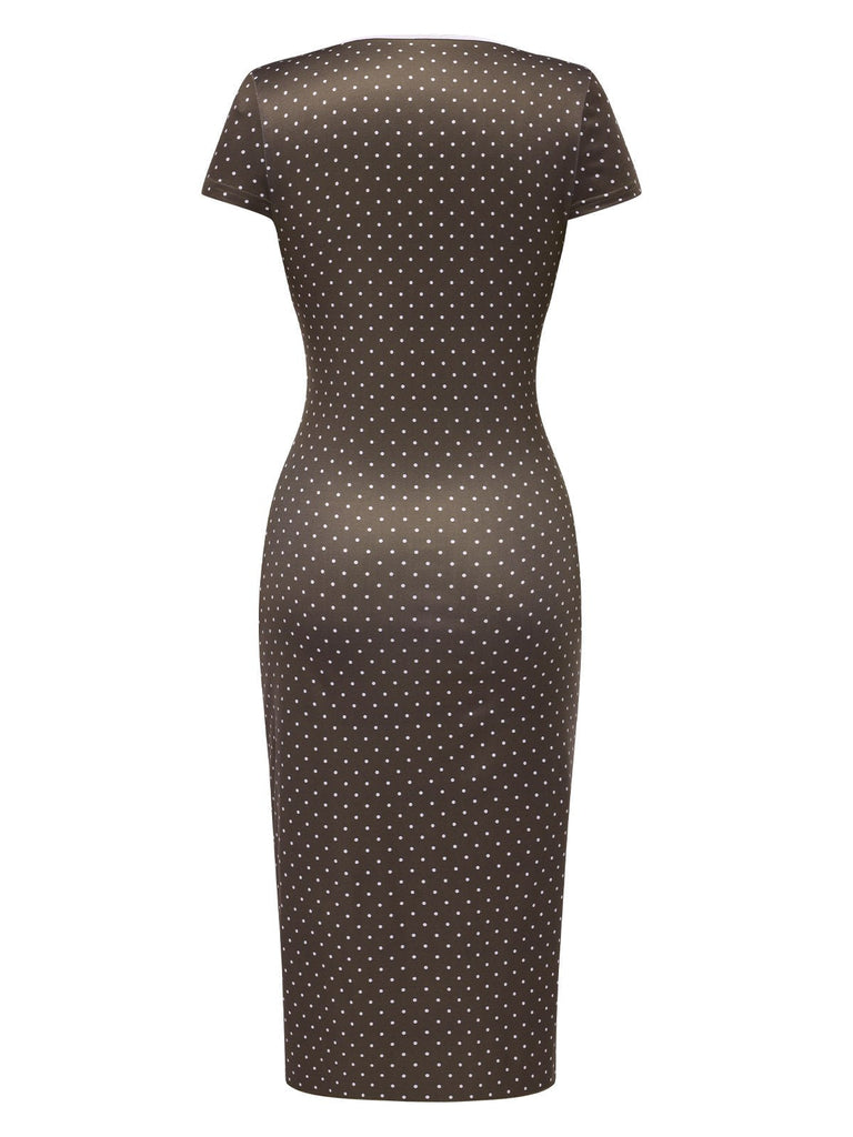 Braun 1960er Tief V-Ausschnitt Polka Dots Kleid