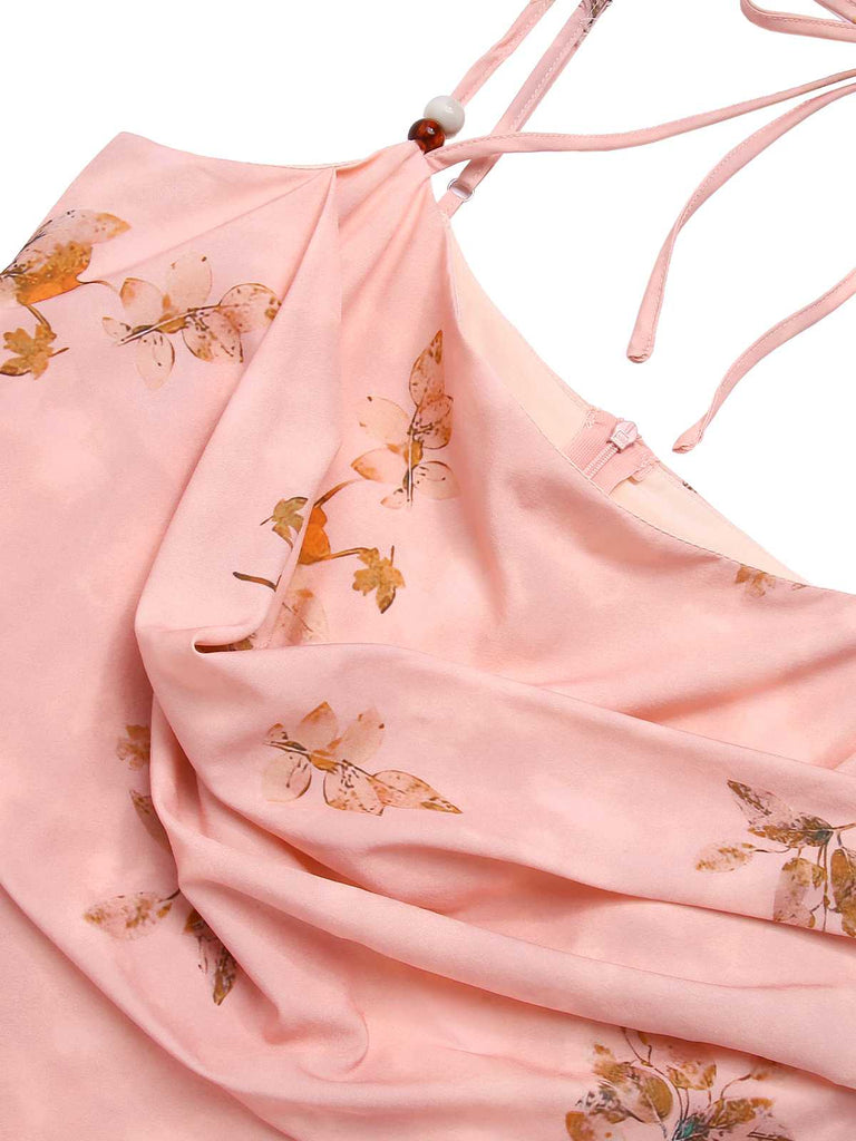 Rosa 1930er Halter Träger Blumen Satin Kleid