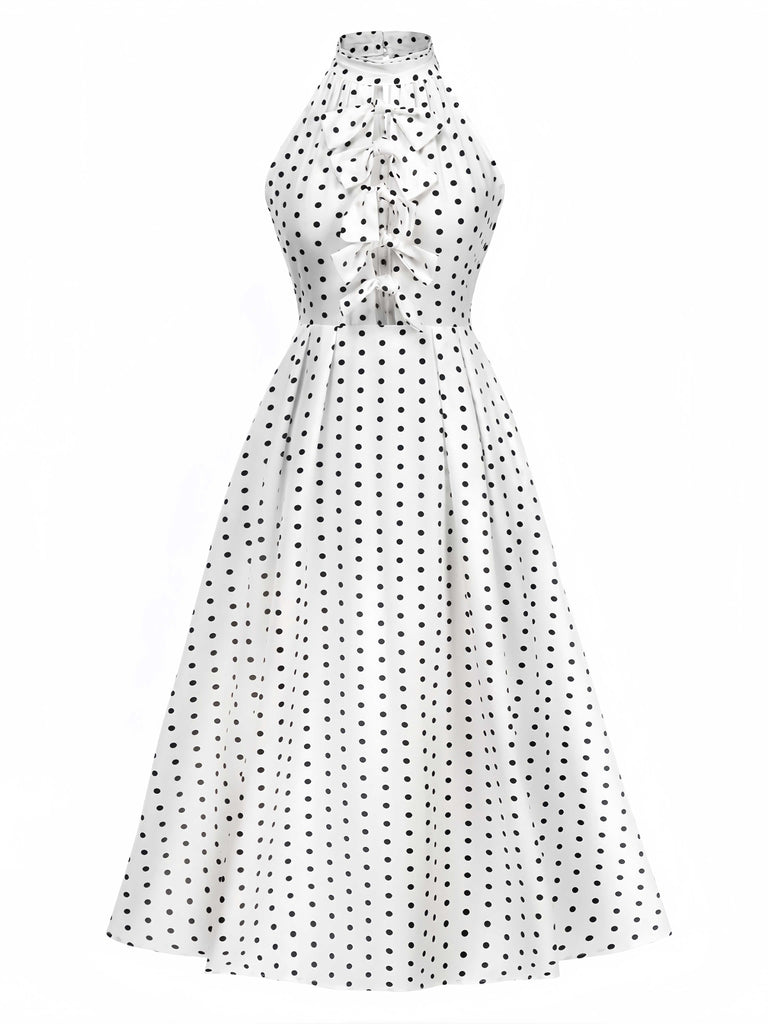 Weiß 1950er Halter Polka Dots Bogen Kleid