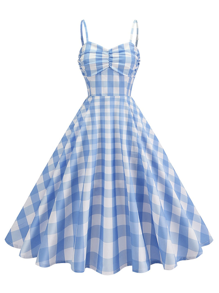 1950er Gerüschtes Spaghetti Träger Gingham Plaid Kleid