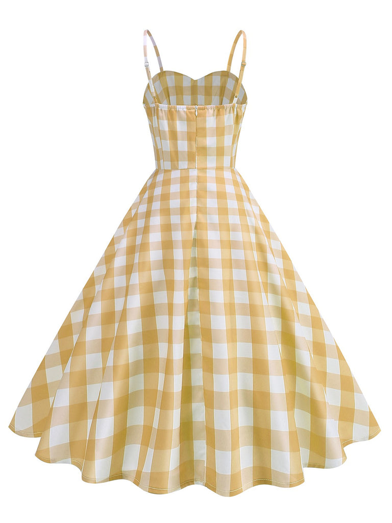 1950er Gerüschtes Spaghetti Träger Gingham Plaid Kleid