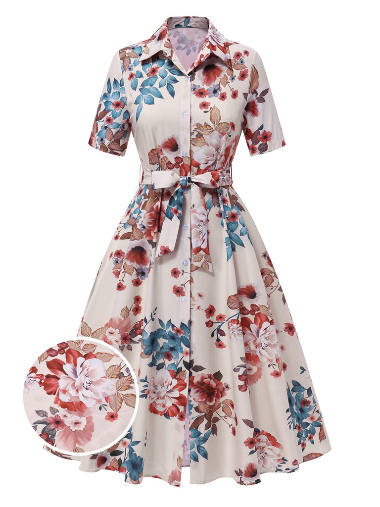 Aprikose 1940er Blumen Gürtel Revers Kleid