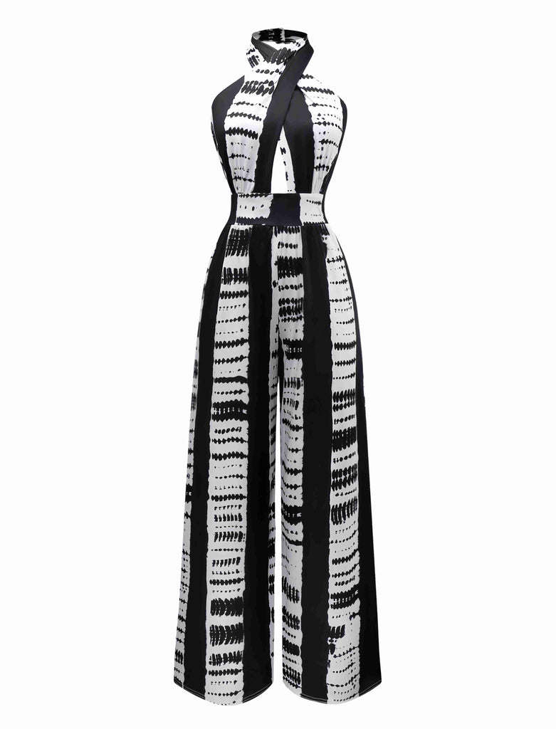 Schwarz 1930er Tinte Flecken Kreuzen Halter Jumpsuit