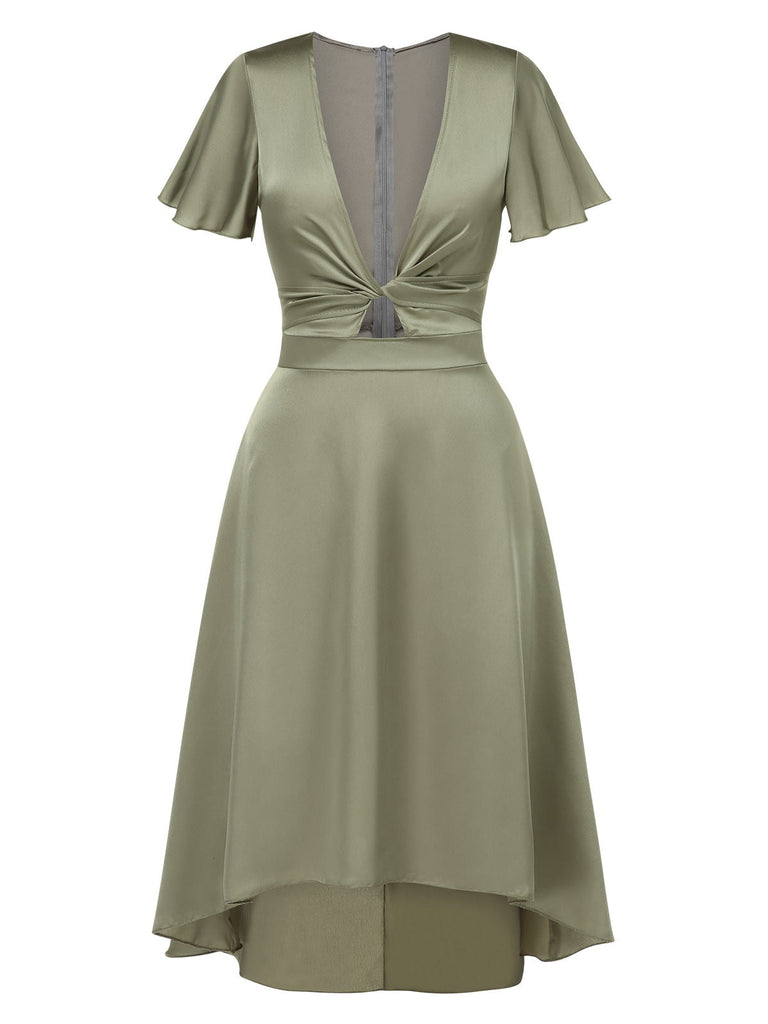 1940er Solide Tief V-Ausschnitt Twisted Satin Kleid