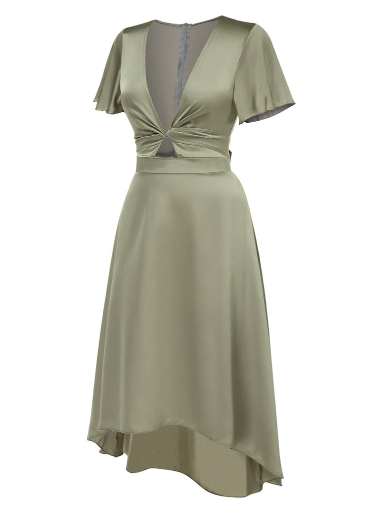 1940er Solide Tief V-Ausschnitt Twisted Satin Kleid