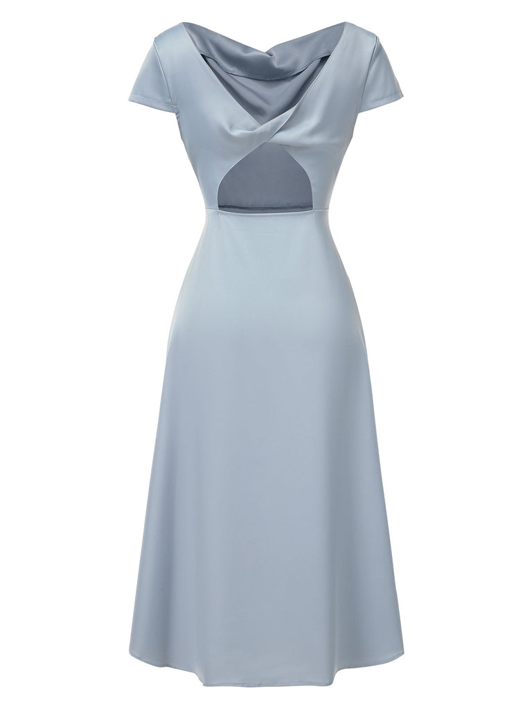 1940er Solide Wasserfallausschnitt Satin Zurück-Hohl Kleid