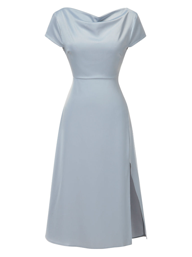 1940er Solide Wasserfallausschnitt Satin Zurück-Hohl Kleid