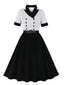 Schwarz 1950er Vertikal Streifen Patchwork Revers Kleid