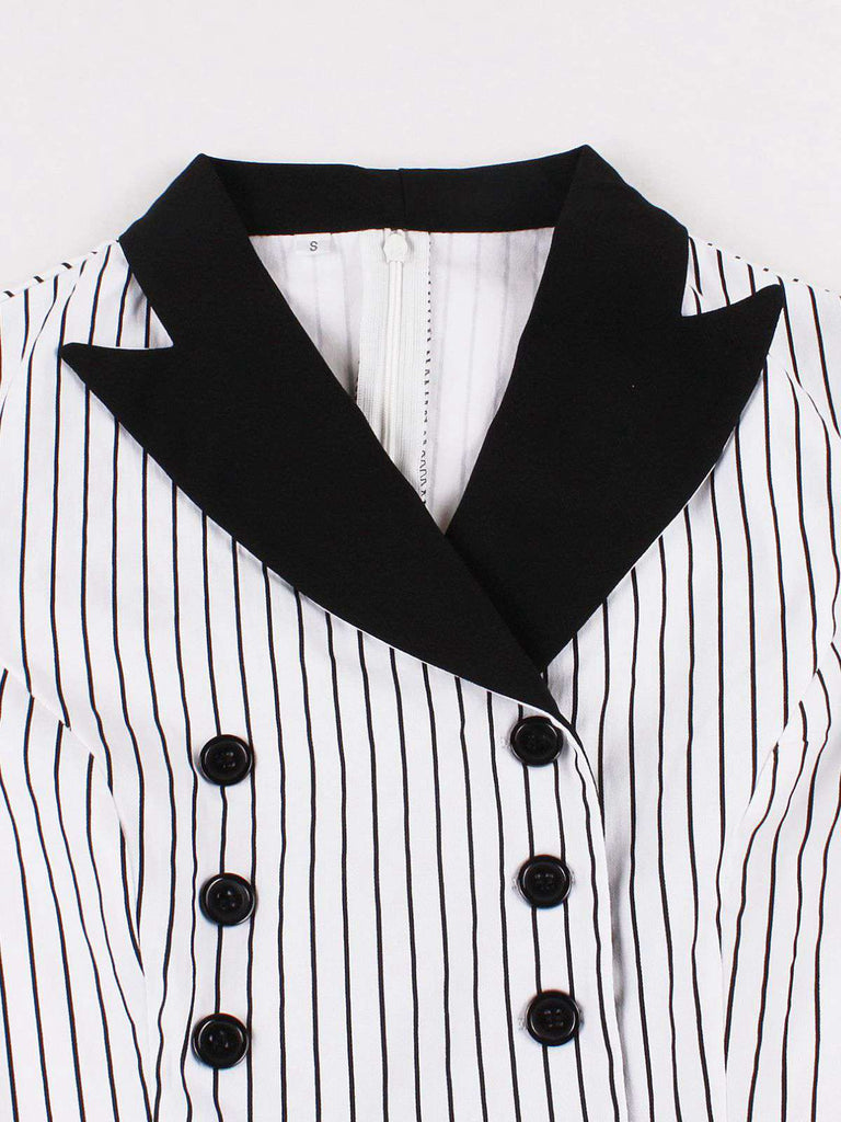 Schwarz 1950er Vertikal Streifen Patchwork Revers Kleid