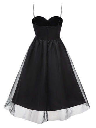 Schwarz 1950er Solide Spaghetti Träger Netz Kleid