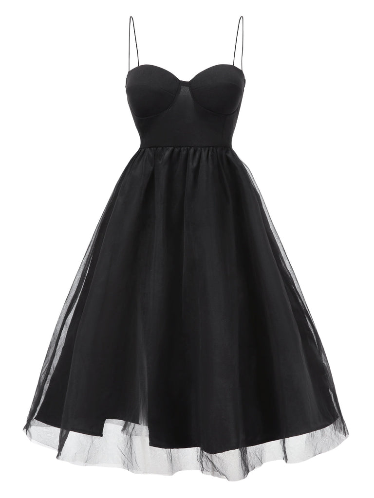 Schwarz 1950er Solide Spaghetti Träger Netz Kleid