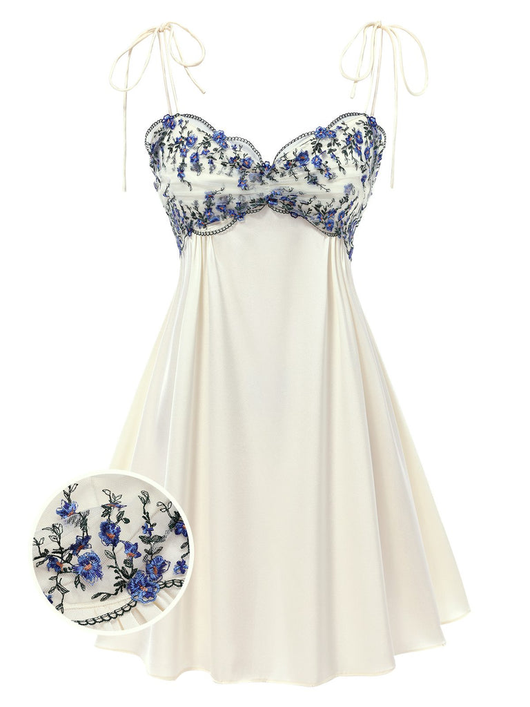 Beige 1940er Blumen Bestickt Spaghetti Träger Nachthemd