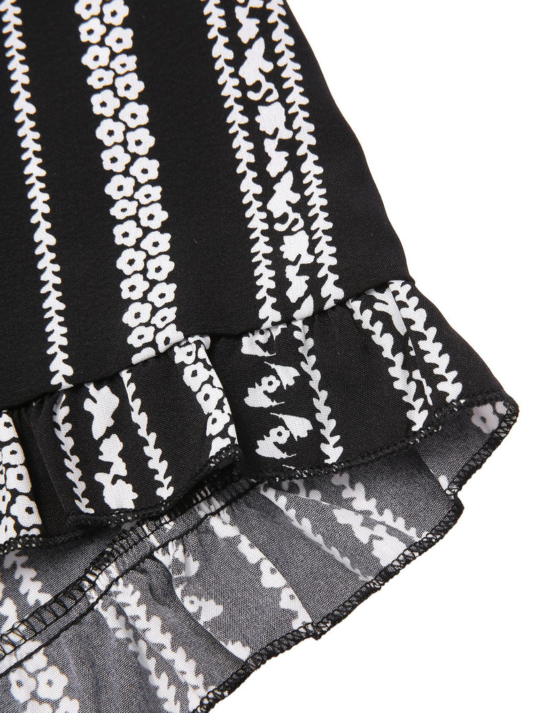 [Vorverkauf] Schwarz 1970er Boho Streifen Bandeau Gesmokt Romper