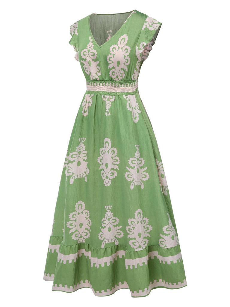 1970er V-Ausschnitt Stammesmuster Boho Kleid