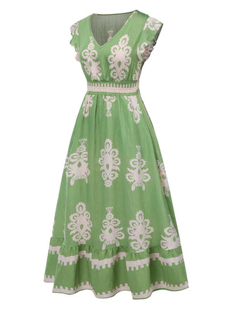 1970er V-Ausschnitt Stammesmuster Boho Kleid