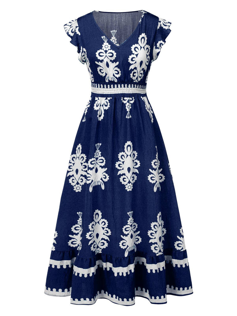 1970er V-Ausschnitt Stammesmuster Boho Kleid