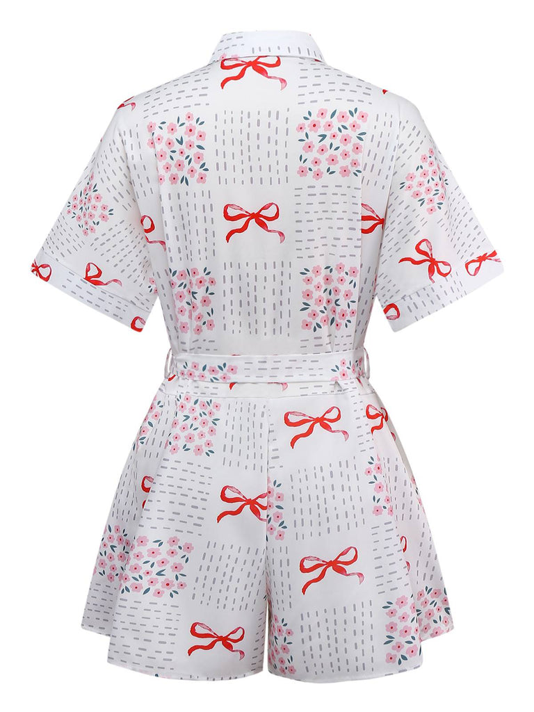 Rosa & Weiß 1950er Bogen & Blumen Gürtel Revers Romper